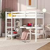 Harper & Bright Designs Full Loft Bed with Desk and Storage Shelves, Wood Full Size Loft Bed with Desk Underneath, High Loft Bed Full with Slat Support for Kids, Boys,Girls,Teens, White