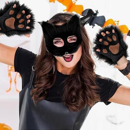 Valpeak BLACK MASK SET Therian Mask And Tail Set For Girls Halloween Cat Mask Tail Cosplay Fox Mask Wolf Tail Over 1 Years Old thumb #1