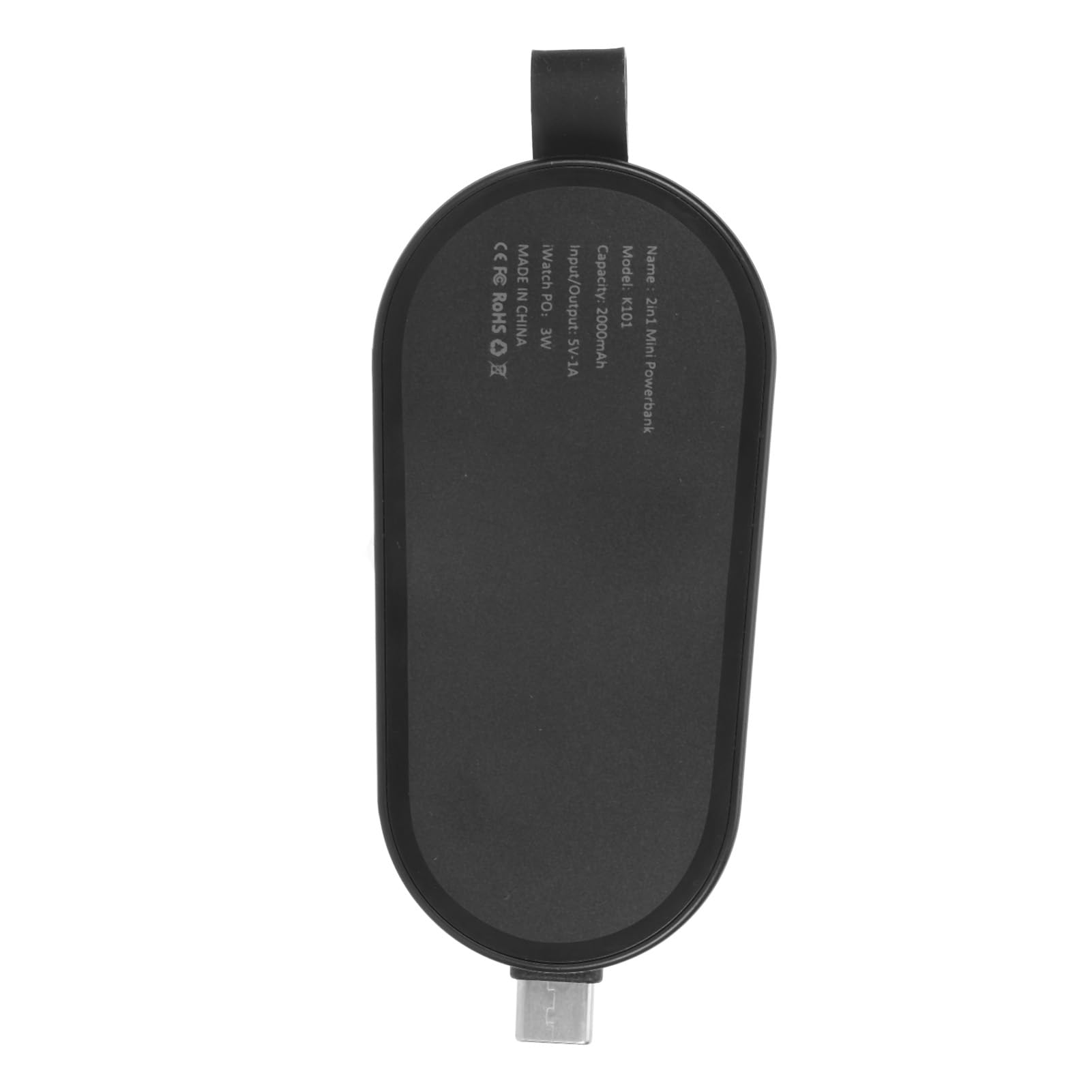 Mini Banque d'alimentation Portable 2000 MAh avec Porte-clés pour Montre iOS, Chargeur d'urgence Compact pour Une Utilisation en Déplacement – ​​Matériau ABS (Black)