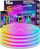LETIANPAI 15M Neon LED Strip, Flexible LED Strips, Control with App/Remote, Multiple Modes, Waterproof, Music Sync Gaming Strip Lights for Bedroom Indoor, IP65 Outdoor RGB Neon Lights