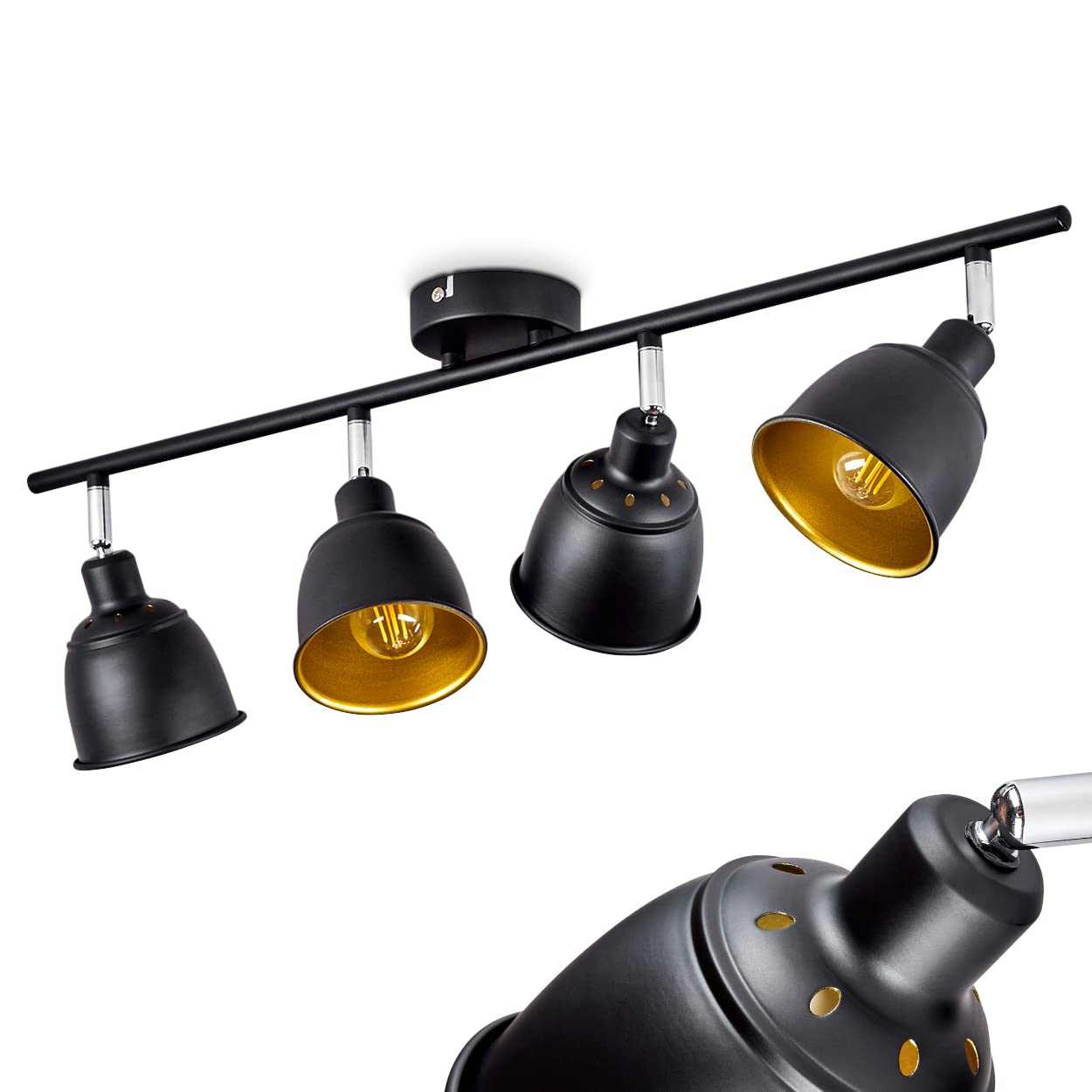 Hofstein Black Pistrino Ceiling Lamp, Modern Metal Ceiling Lamp In /Gold With Adjustable Spotlights, Retro/Vintage Design Lamp With Light Effect, 4-Flame, 4 X E14, Without Bulbs