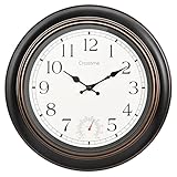 Crosstime 45cm Large Outdoor Clock Waterproof with Thermometer - 18 Inch Bronze Retro Garden Clock for Outside Patio, Pool, Porch Wall Decor