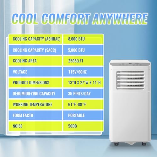 Image of 8000 BTU Portable Air Conditioner 3 In 1 AC Unit with Remote Control Dehumidifier, Fan Mode Suit for Room up to 250 Sq. ft White