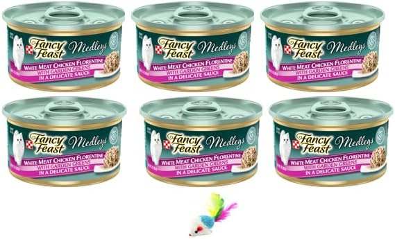 Miniatura 1 de 6 latas de Fancy Feast Elegant Medley Chicken Florentine Cat Food (3 onzas cada una) con un juguete de ratón