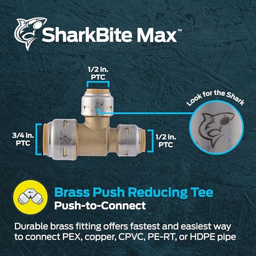 Image of SharkBite Max 3 /4 Inch x 1 /2 Inch x 1 /2 Inch Reducing Slip Tee, Push To Connect Brass Plumbing Fitting, PEX Pipe, Copper, CPVC, PE-RT, HDPE, UR454A