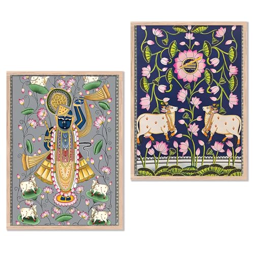 Image of kotart Traditional Indian Wall Art Painting Set of 2 | Kamdhenu Cow Design | MDF Wooden Framed Spiritual Wall Decor for Living Room, Pooja Room & Home (Art 7, 13x17 inch)