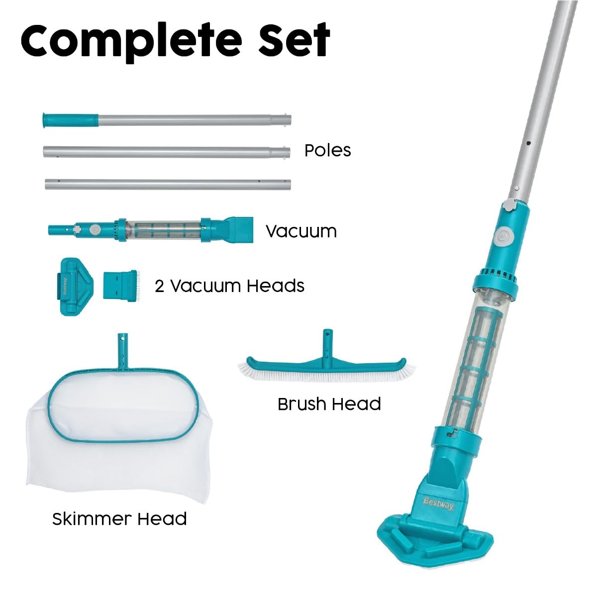 AquaSurge Poolpflege-Set mit akkubetriebenem Poolsauger, Kescher und Poolbürste, für Pools bis 610 cm, 50 min Laufzeit, Ladekabel, 0,54 L Schmutzbehälter, 2 Saugköpfe, Haltestiel, langlebiges Netz
