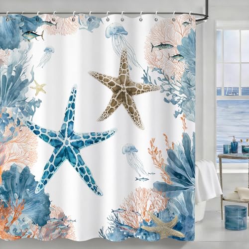 TYTYUU Starfish Shower Curtain, Orange Ocean Beach Nautical Coastal Tropical Seashell Fabric Waterproof Shower Curtain for Apartment Hotel Bathroom Decor 72x72 Inch