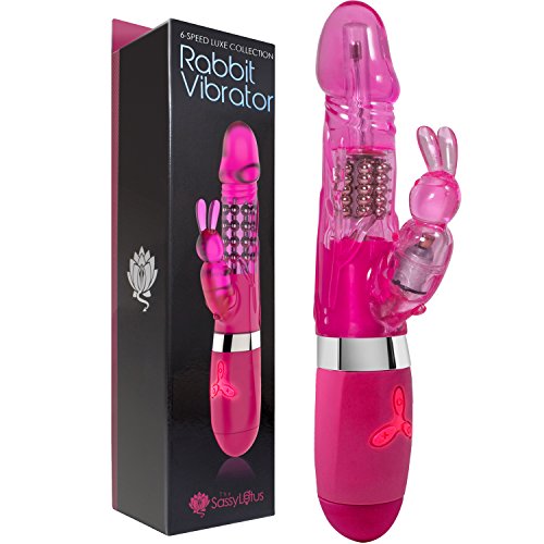 Sassy Lotus 6-Speed Luxe Collection Rotating Rabbit Vibrator - Rabbit Style Vibe - Waterproof w/Rotating Metallic Pearls - LED Luminous Controls