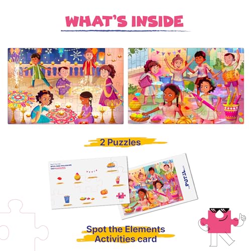 Image of Set of 2, 60 Pieces Each, Diwali & Holi Theme Jigsaw Puzzles for Kids 5+ Years, Festivals of India, Cardboard Puzzle Game for 7-10 Year Olds, Activity Sheets Included