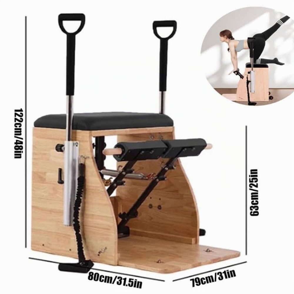 Pilates Chair, Silla de estabilidad Pilates con pedales divididos, entrenador físico combinado, máquina Pilates Reformer, con bandas de resistencia, asas y pedales divididos, madera de roble duradera.