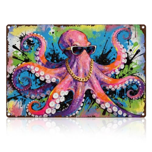 DOODLREAM Octopus Graffiti Cartel de chapa retro de metal decoración de pared 20 x 30 cm Vintage Cool Criatura Marina Póster para Casa Habitación Cafés Baño Cocina Garaje Cueva Hombre Decoración