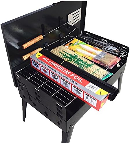 BBQ Grill Tools Set,11-pc. Grill+ Grill Mat + Brush+ Barbecue clip+Skewers+Aluminium Foil. Portable Folding Barbecue Compact Charcoal Grill For Camping Outdoor-Promethfire