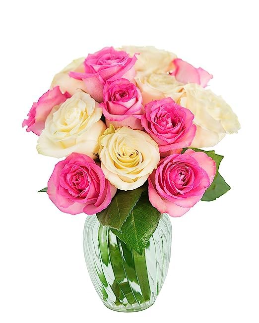KaBloom-12 Pink&amp;white Rose Bouquet, Flowers for Valentine, Mother's Day