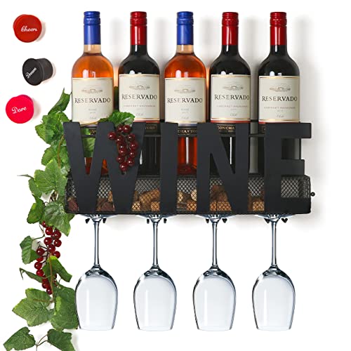 Soduku Wall Mounted Metal Wine Rack 4 Long Stem Glass Holder & Wine Cork Storage Wine #TOP6