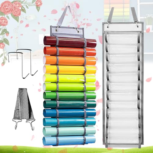 Begpoee Almacenamiento de Rollos de Vinilo, Soporte para Rollo de Vinilo, Organizador de Rollos de Vinilo, Con 12 Compartimentos, Para Guardar Papel, Papel de Regalo y Dibujos de Diseño(Gris)