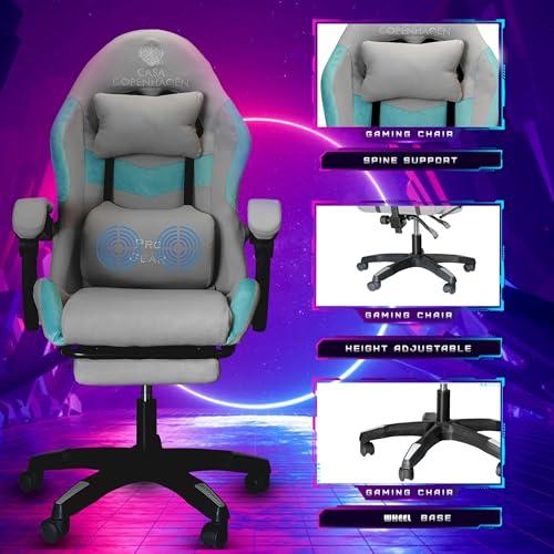 Image of Casa Copenhagen Designed in Denmark, High-Back Fabric Gaming Ergonomic Chair with Advanced Mechanism & Electric Back Massager, Luxurious Memory Foam Seating & Multi Function Arm-Rest -Grey & Aqua Blue