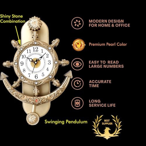 Image of New Rajwadi Analog Stylish Wall Pendulum Clock for Home Living Room Hall Bedroom 38 x 26 Cm Golden Wall Clock