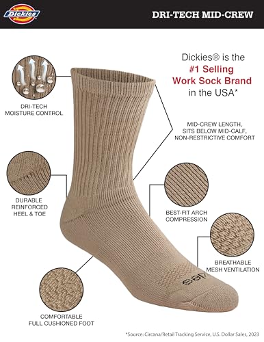 Image of Dickies Men's Dri-Tech Mid-Crew Comfort Length Moisture Control Socks (6, 12 Pairs)