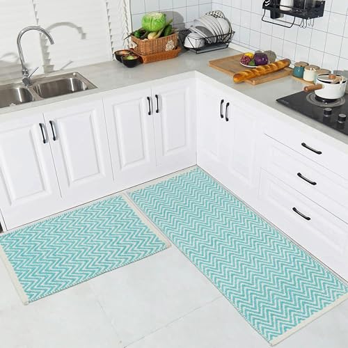 Image of THE HOME TALK Set of 2 Cotton Chenille Bath Rug | Area Rug for Spa, Vanity Shower, Kitchen & Living Room | Water Absorbent Linens | Soft Carpets | Bathroom Accessories (40x60 + 40x120 cm, Turquoise)
