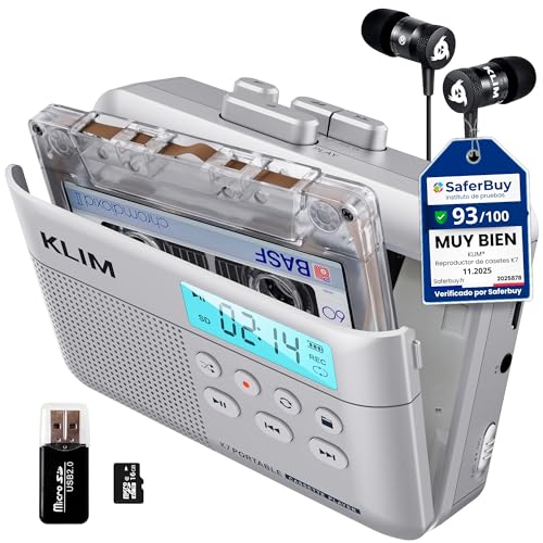 KLIM K7 Reproductor Cassette + Conversor de Cassette a MP3 + Walkman Cassette Player Portátil con Micrófono y Altavoz Integrados + Batería Recargable + Auriculares + Tarjeta SD 16 GB