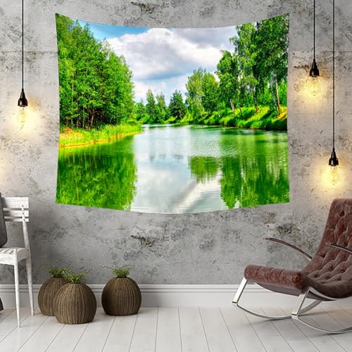 Tapisserie nature paysage 150x150cm grand format imprimé rivière et arbres - 3