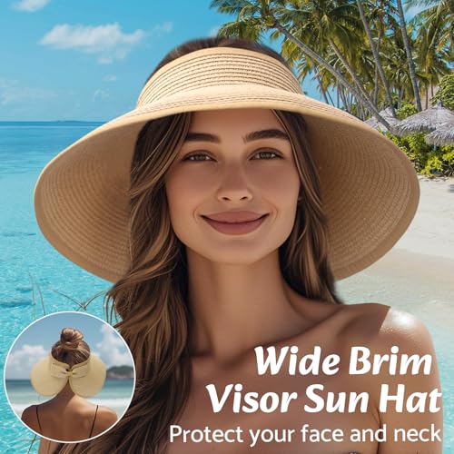 Image of NPQQUAN Sun Visor Hats for Women Wide Brim Ponytail Straw Beach Hat Packable Foldable UPF 50+ Floppy Travel Hats