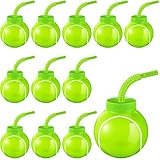 12 Sets Tennis Ball Cups with Straws and Lids 10oz Reusable Plastic Tennis Drink Cups Bottles Bulk for Kids Birthday Tennis Party Favors Decorations Supplies Gifts