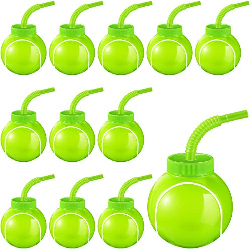 Gerrii 12 Sets Tennis Ball Party Cups with Straws and Lids 10oz Plastic Cups Bulk for Kids Birthday Tennis Party Favors Decorations Supplies Gifts