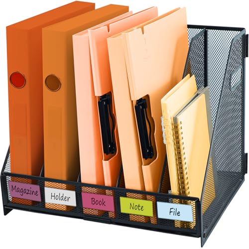 PLSOPPKG Organizador de escritorio de malla, partición extraíble, organizador de libros, estante de almacenamiento de archivos de metal, 5 compartimentos, (negro)