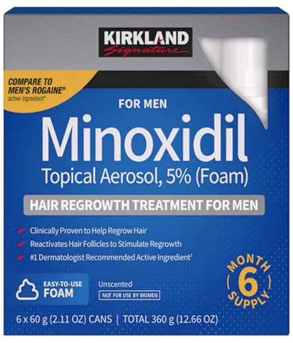 6 Months - KIRKLAND SIGNATURE Mens Minoxidil Topical Aerosol 5% Foam - Hair Regrowth Treatment 6 x 2.11 OUNCE (total 12.66 oz)