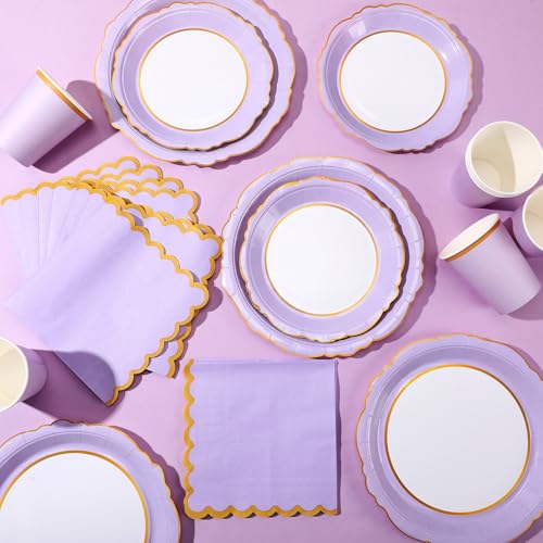 Vajilla de papel desechable morada de 200 piezas para cumpleaños y bodas 4