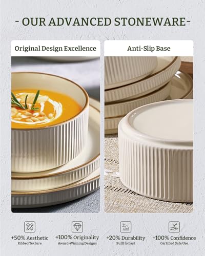 Image of Famiware Star 16-Piece Stoneware Dinnerware Set with Trim, Service for 4 -Ceramic Mugs, Plates and Bowls, Modern Rustic Dishes with High Edge, Chip /Scratch Resistant, Microwave /Dishwasher Safe, Cream