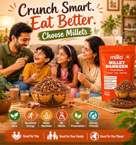 Image of Millo Millet Namkeen Classic Masala 100g | Healthy Millet Snack | High Fiber Crunchy Mix | No Maida, No Preservatives | Multigrain Namkeen | Guilt-Free Indian Snack (Pack of 3)