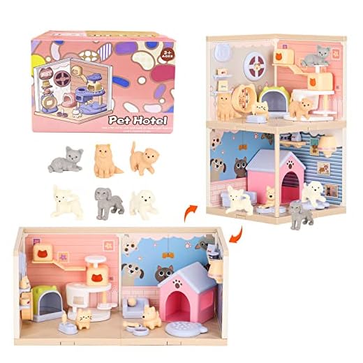 TQQFUN Cat and Dog Pretend Playset for Kids, 50Pcs Interactive Pet Figurines Toys, Toddlers Stem Building Pet Dollhouse Montessori Toy, Pet Care House Educational Role Play Gifts for Boys and Girls