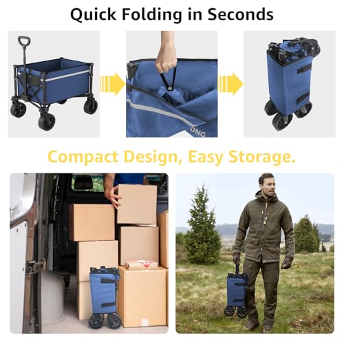 Image of Navy Collapsible Wagon Cart with Wheels Foldable - Folding Utility Heavy Duty Wagons Carts for Grocery Sports Garden Shopping Camping