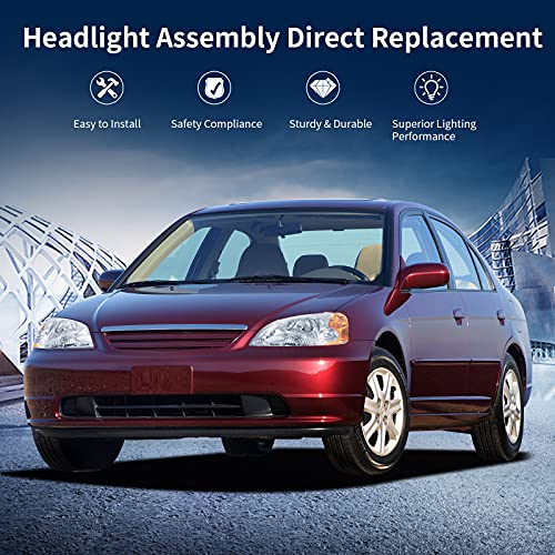 Autosaver88 Headlight Assembly Compatible With 2001 2002 2003 Civic 4-Door Sedan Chrome Housing Amber Reflector Clear Lens #TOP4