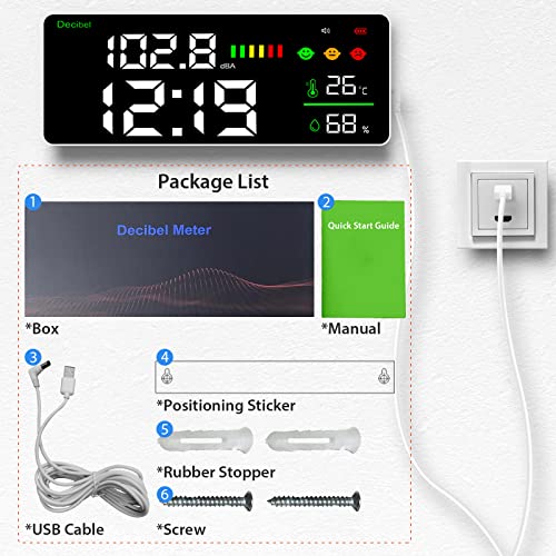 LYCEBELL Schallpegelmesser zum Aufhängen, 30–130 dB großes LCD-Display, Temperatur-Feuchtigkeits-Dezibel-Messgerät mit Alarm, Geräuschmonitor für Heimstudio-Klassenzimmer