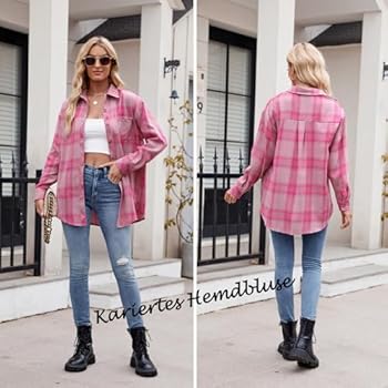 Timuspo Geruite hemdblouse, voor dames, knoopsluiting, lange mouwen, Oktoberfest, blouse, geruit, tuniek, casual, V-hals, bovenstuk, flanellen hemd, tops, roze, M