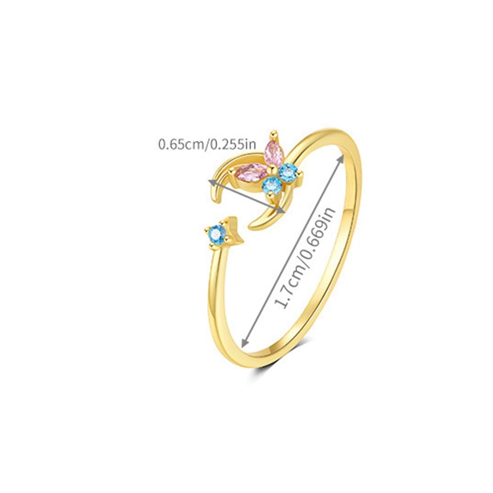 Anello promise, anello di fidanzamento, anello aperto con stella di luna e farfalla, regolabile con taglio marchese rosa, gemma artificiale in oro giallo