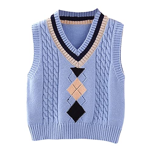 FEESHOW Little Kids Girls Casual Argyle Plaid Sweater Vest Toddler Sleeveless Thermal Warm School Uniform Blue 5-6 Years