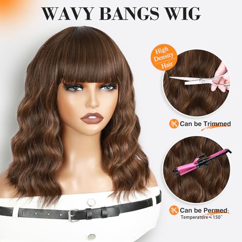 WIGNEE Krótka falista peruka Bob z grzywką - Ombre/Highlight blond 12 cali - naturalne kręcone włosy i fale - odporne na ciepło i bez kleju syntetyczne dla kobiet