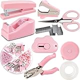 ChezMax Pink Desk Accessory Kit Includes Stapler with Staples Staple Remover Tape Dispenser Transparent Tape Scissors Push Pins Paper Clips Binder Clips Single Hole Punch Telescopic Knife Tape Measure