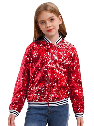 Kids Girls Sequin Bomber Jacket Long Sleeve Zip Up Party Glitter Baseball Jackets Hip Hop Jazz Dance Tops