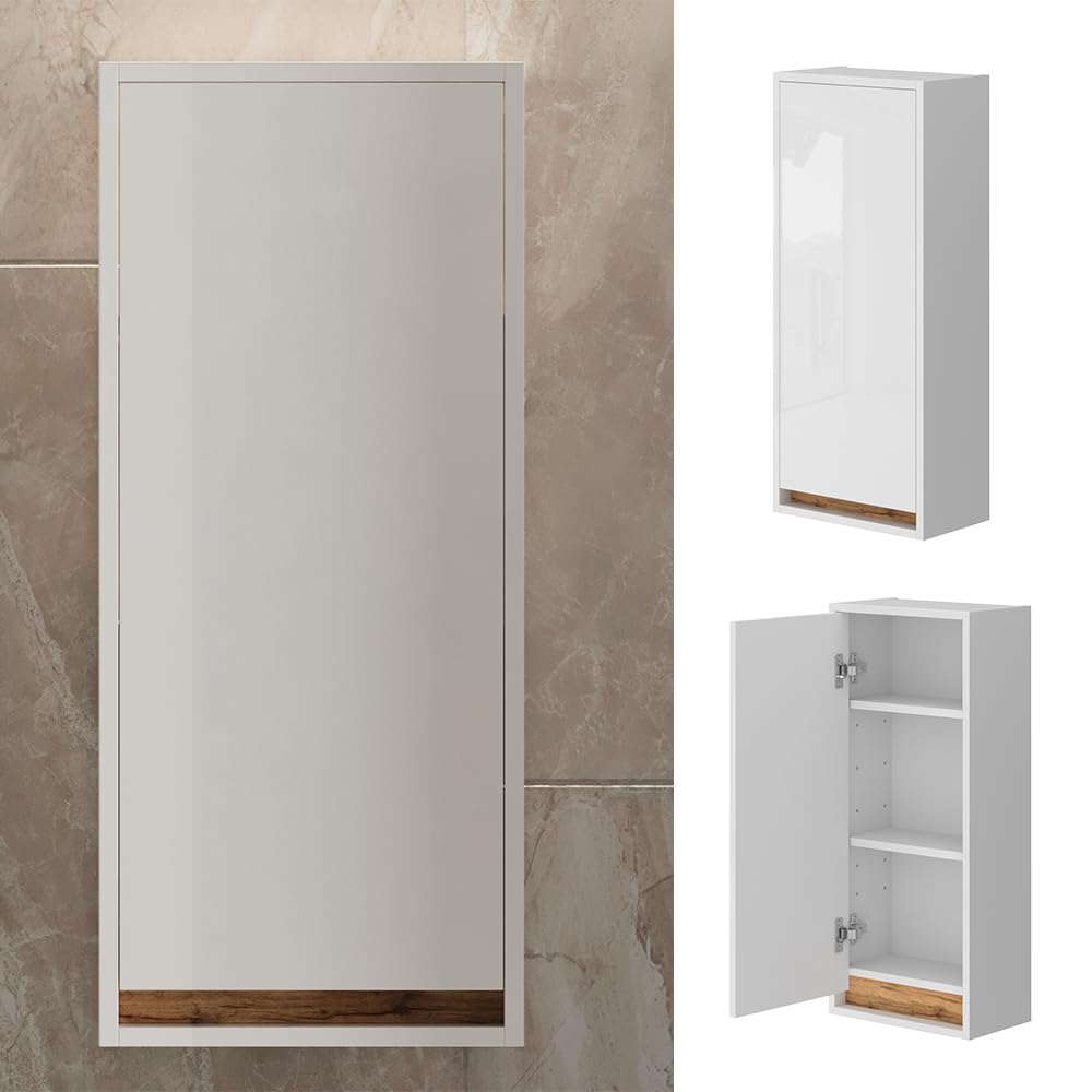 Vicco Armario de baño Detmold Blanco Brillo Intenso/Roble Dorado 81.6x35 cm | con puerta, apto para montaje en pared y combinable con la serie Detmold