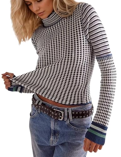 Casual Mock Neck Striped Cropped Sweater for Women Slim Fit Long Sleeve Plaid Pullover Sweater Color Block Knit Tops