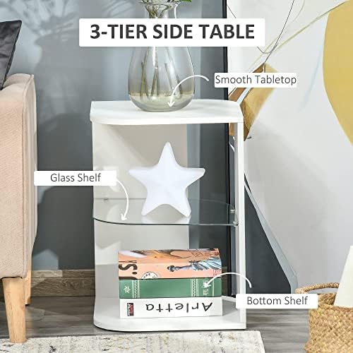 HOMCOM Modern Side Table Three Layer Bedside Table Nightstand with 2 Storage Shelves, for Living room, Bedroom, White