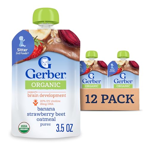 Gerber Stage 2 Baby Food, Organic Banana Strawberry Beet Oatmeal, Baby Puree, 12PK