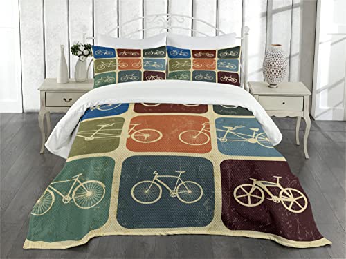 Lunarable Vintage Bedspread, Retro Image Collage Of Bicycle Bikes In A Row Abstract Pattern Colored Art, Decorative Quilted 3 Piece Coverlet Set With 2 Pillow Shams, Queen Size, Soft Beige #TOP1