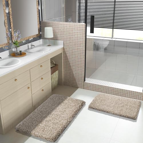 Yimobra Bathroom Rug Set 2 Piece, Soft Absorbent Microfiber Bath Mat Set, Non Slip Machine Washable Dry, Plush Shaggy Shower Rugs for Bathroom Floor, 32"x20"+24"x17", Light Brown and White by Yimobra - Used condition - Image 2